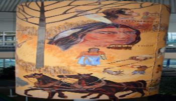 Painted canvas depicting aboriginal life. Portrait of a Maskepetoon and horses.