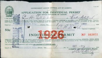 Red Deer Archives, DA407; Individual liquor permit, 1926