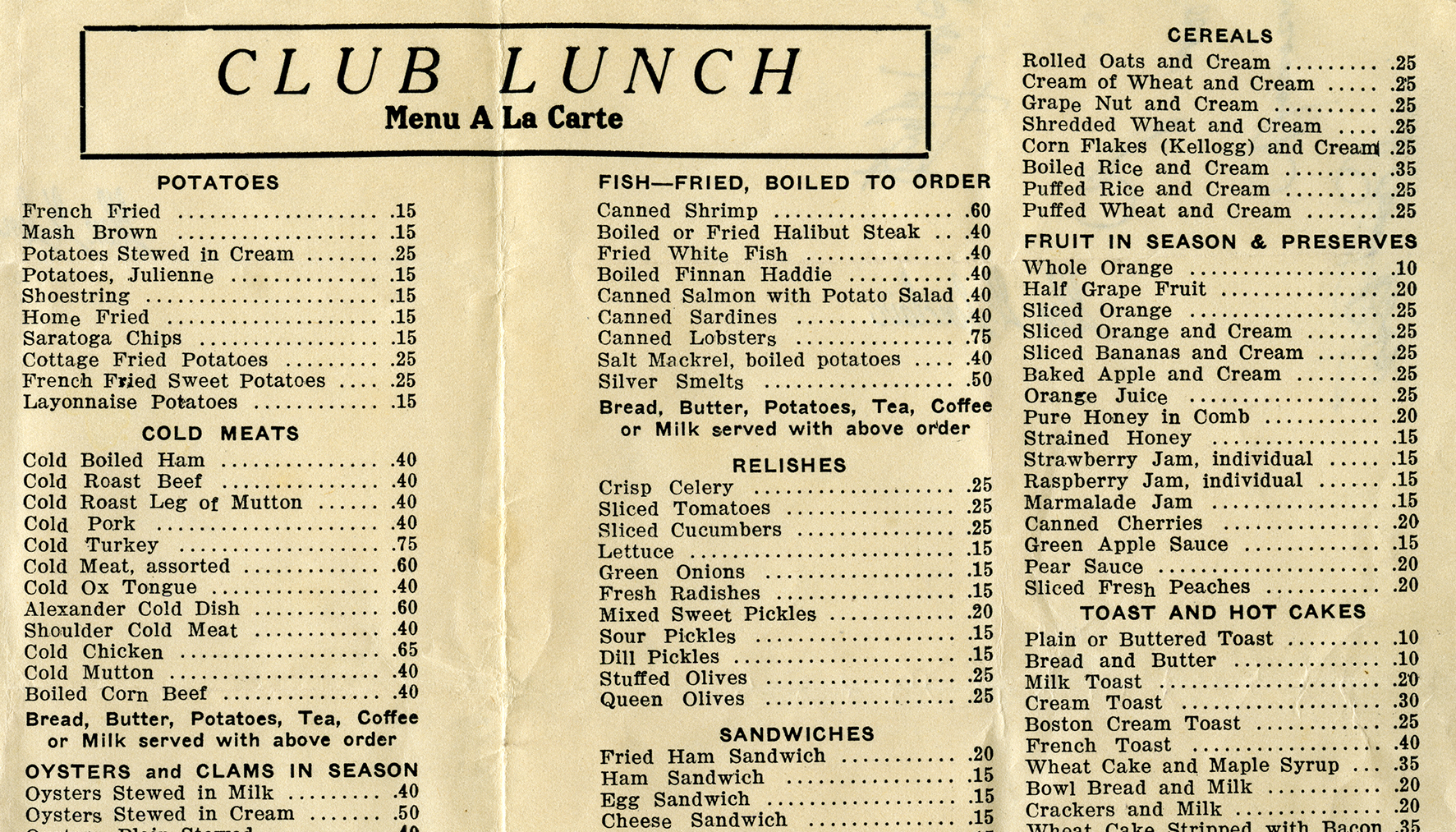 Lunch menu for the Club Café, 1919-1933