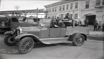 Red Deer Archives, N4001; Old and new fire trucks, 1953.