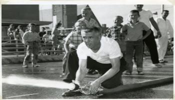 Red Deer Archives, P4663; Red Deer Fire Department in Provincial Fire Hose Coupling competition, 1962
