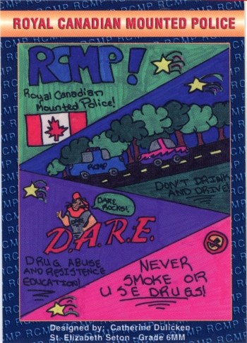 Front of a City of Red Deer RCMP trading card with artwork designed by Catherine Dulicken