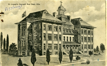 Black and white postcard of St. Joseph's Convent building and surrounding grounds published by Gaetz-Cornett Drug & Book Co.