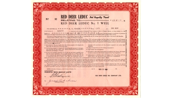 Colour scan of a red share certificate for Red Deer Leduc Net Royalty Trust relating to Red Deer Leduc No. 1 Well