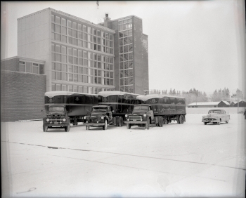 Black and white photo of an Alberta Brewers' Agents (ABA) truck parked in front of The Red Deer Brewing Co. building
