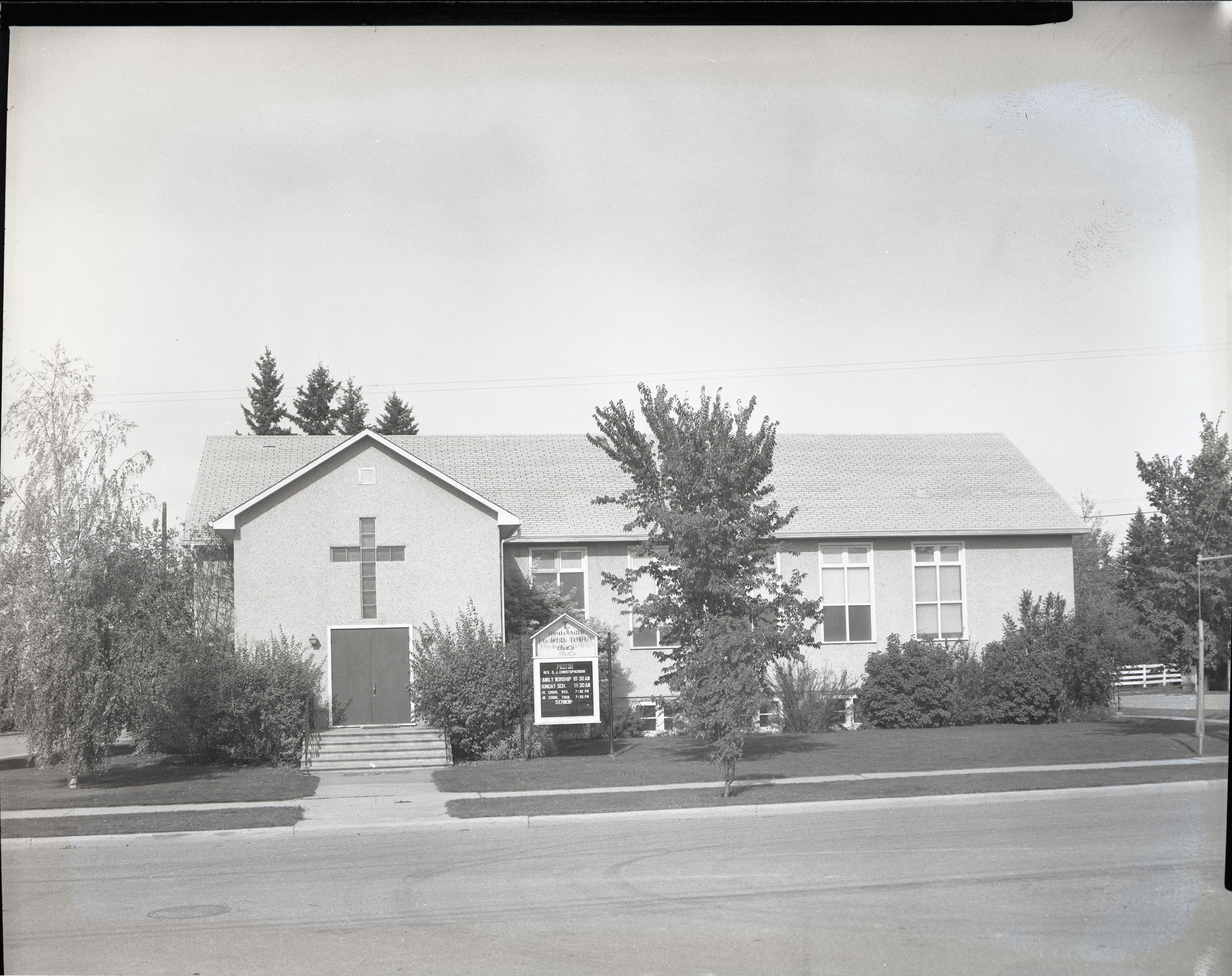 Black and white photo of the Trinity United Evangelical Lutheran Church in Red Deer