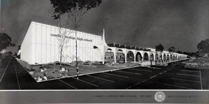 Black and white architectural drawing of the Camille Lerouge High School in Red Deer, Alberta.