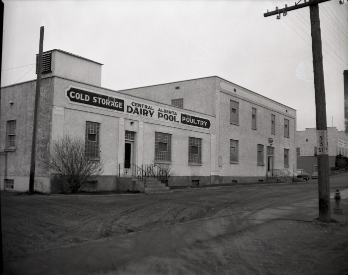 Black and white photo of the Central Alberta Dairy Pool building in Red Deer