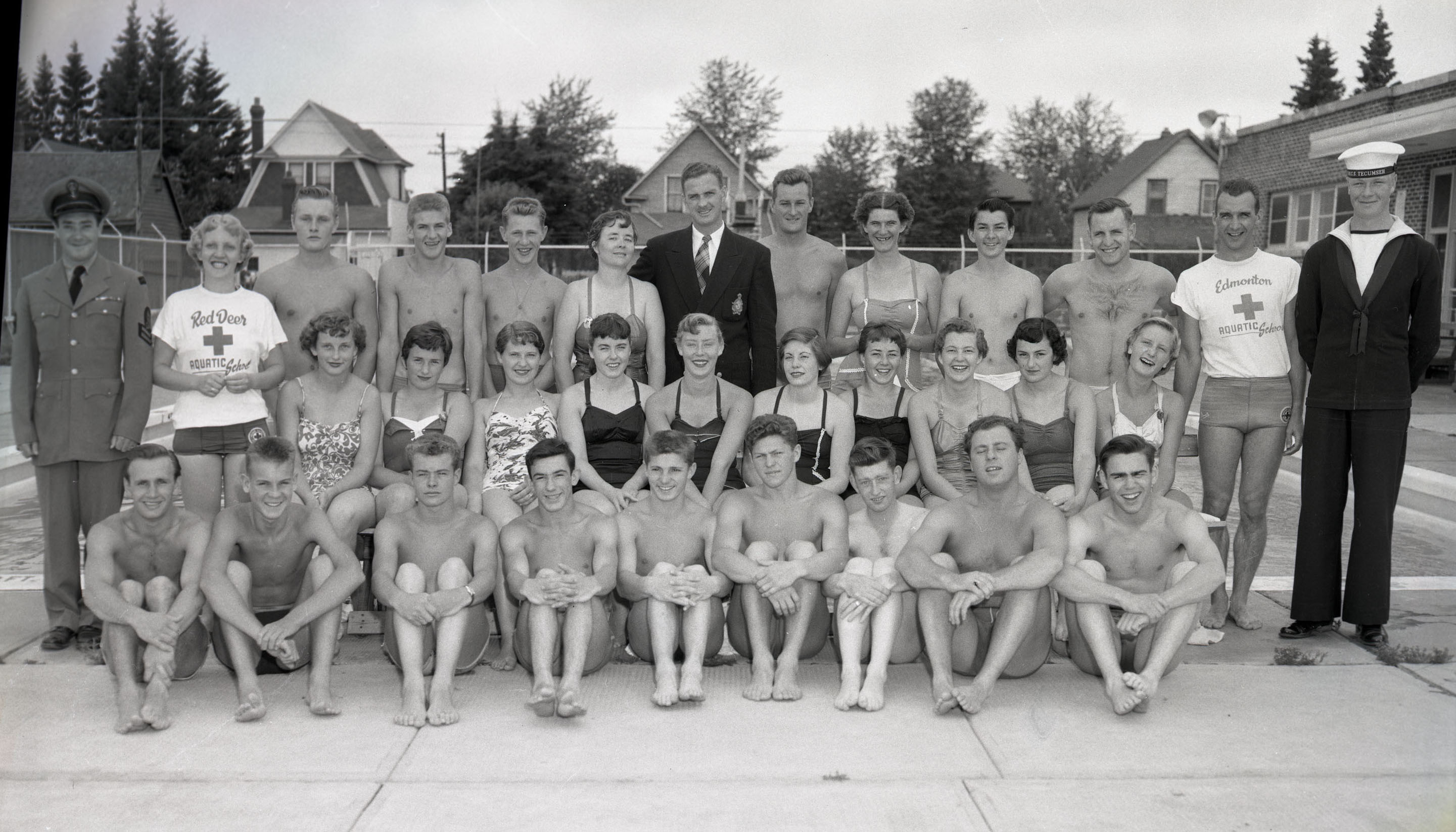 Black and white photo of a group of swimming instructors for the Red Deer Red Cross Aquatic School