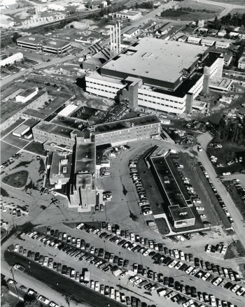 Black and white aerial view of Red Deer Regional Hospital and surrounding area