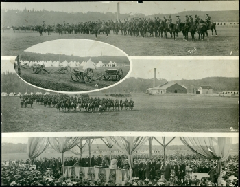 Black and white composite photo of the Royal North West Mounted Police at the inauguration ceremony for the Province of Alberta