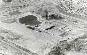 Black and white aerial photo of new location for the Westerner Exhibition