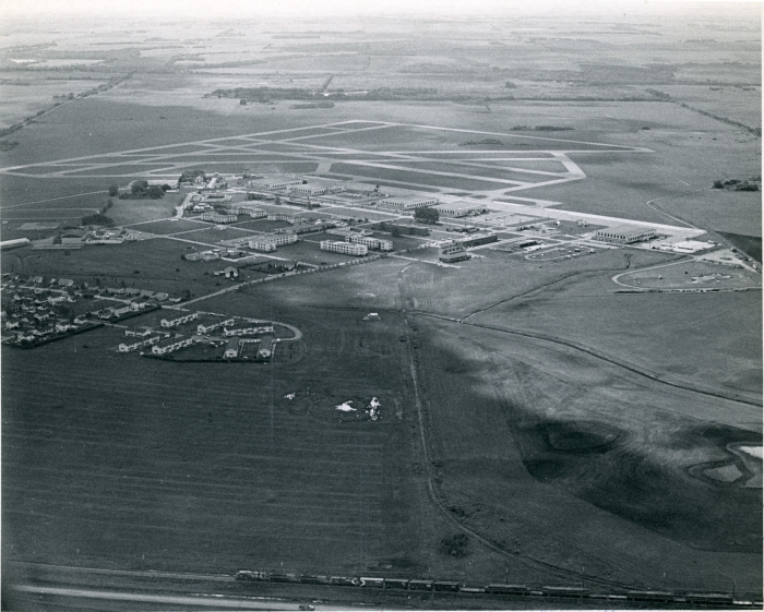Black and white aerial view of Red Deer Airport and CFB Penhold air force base