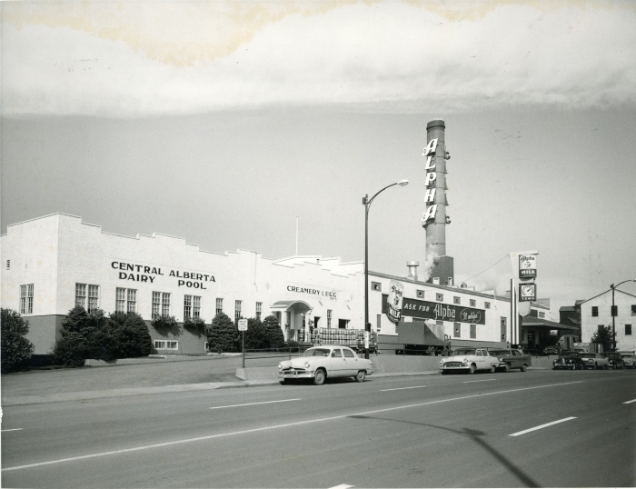Black and white photo of the Alpha Milk Condensery / Central Alberta Dairy Pool
