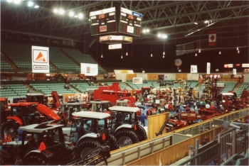 Coloured photo of farm equipment exhibitors in the Centrium during Agritrade 94 on the Westerner ground