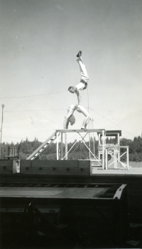 Black and white photo of two acrobats at the Red Deer Fair