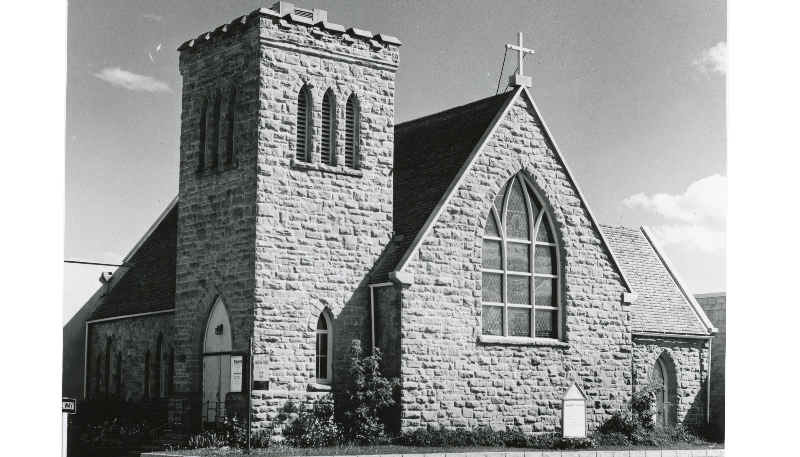 Black and white photo of the exterior of St. Luke's Anglican Church in Red Deer
