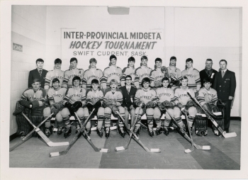 Black and white team photo of the Red Deer Optimist Chiefs at the Inter-Provincial Tournament