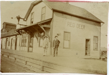 Black and white photo of the exterior of the first Canadian Pacific Railway station in Red Deer