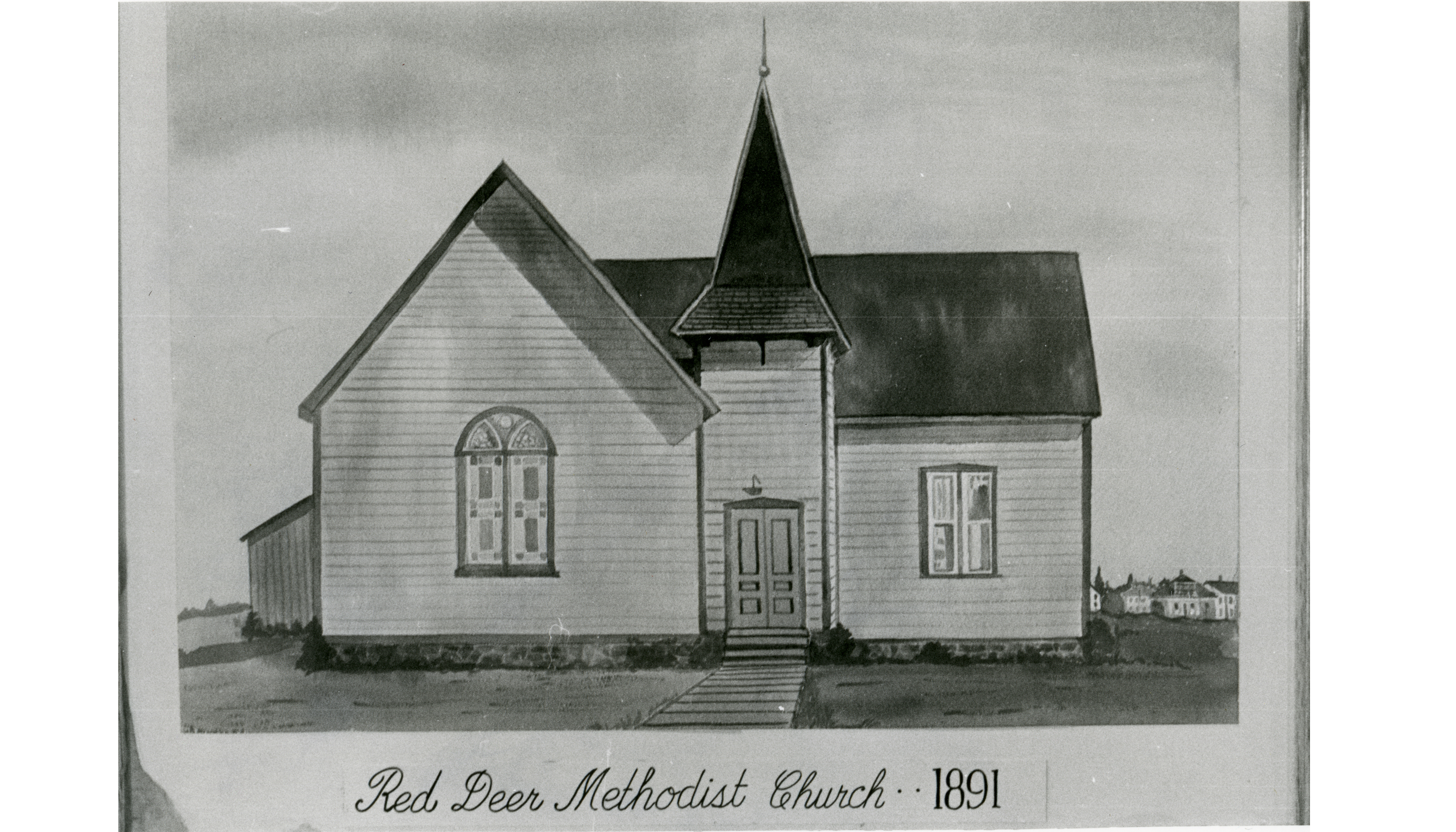 Black and white drawing of the Red Deer Methodist Church in 1891