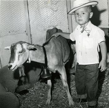 Black and white photo of a young boy wearing a cowboy hat with a baby goat in a barn at the Red Deer Exhibition / Red Deer Fair