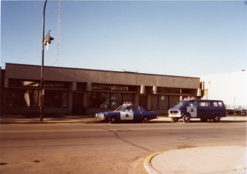 Coloured photo of the front of the Royal Canadian Mounted Police RCMP station on 49 Street in downtown Red Deer