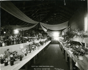 Black and white photo of the Horticultural Hall at the Red Deer Exhibition grounds