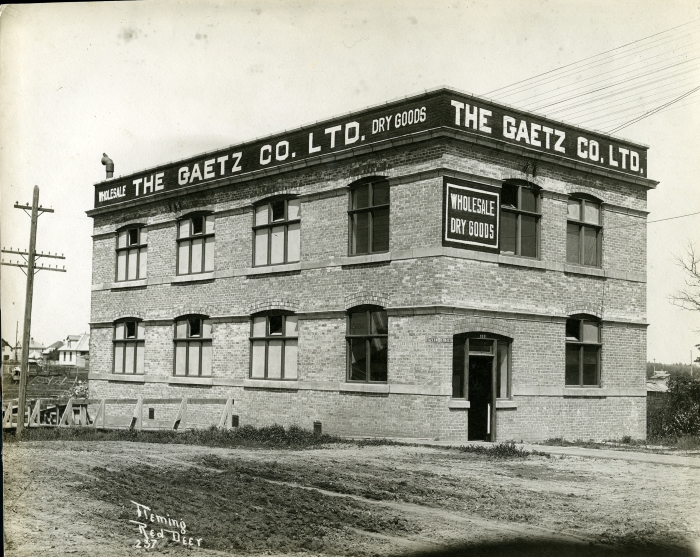 Black and white photo of the Gaetz Company Limited building in Red Deer
