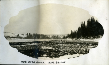 Black and white photo of the Alberta Central Railway (ACR) bridge spanning the Red Deer River