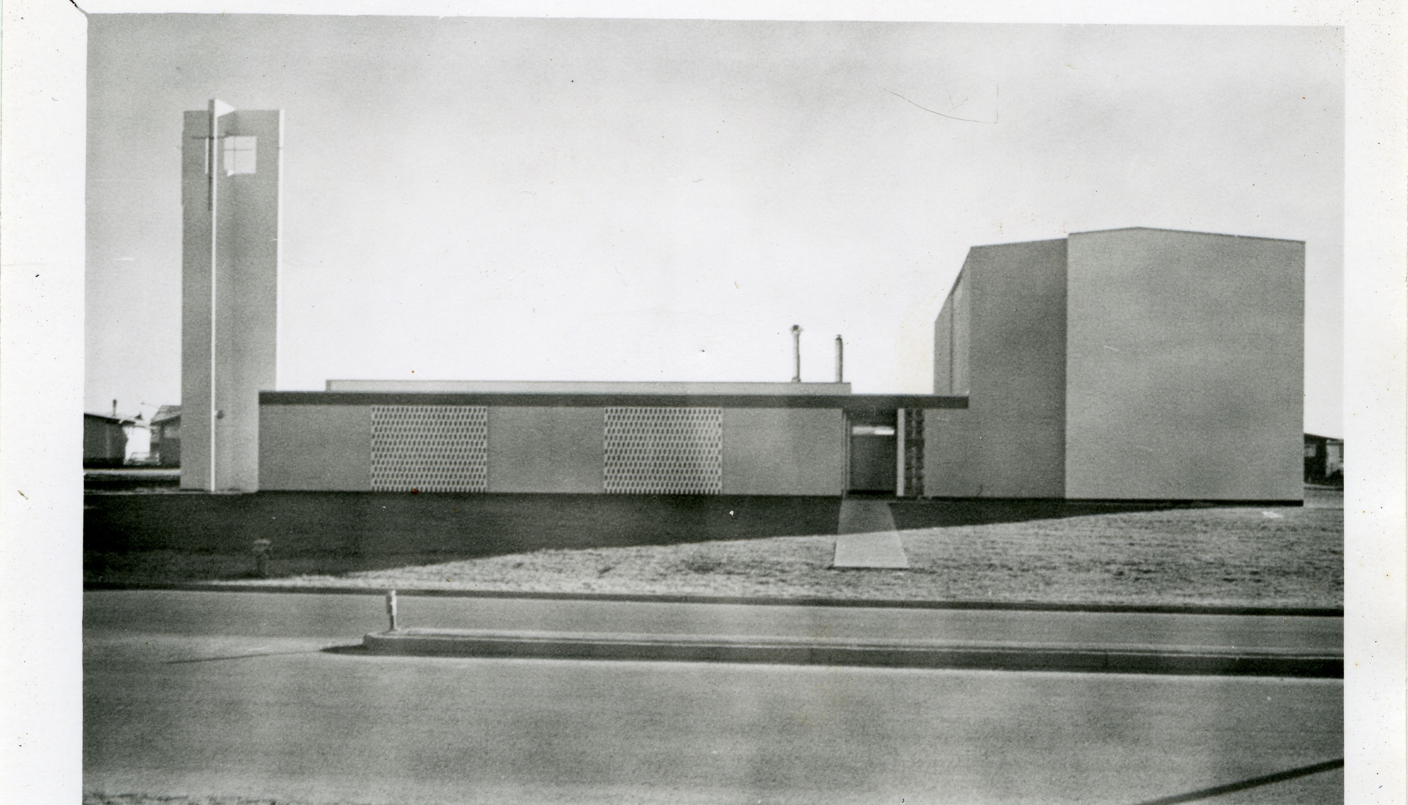 Black and white photo of the Mount Calvary Lutheran Church in Red Deer