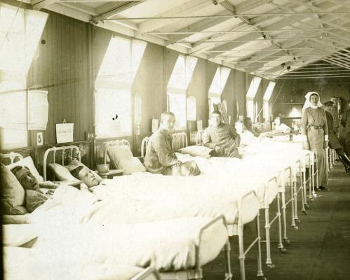 Red Deer Archives, P5408; Interior of soldiers military hospital in France during the First World War, including patients and a nurse, 1916.