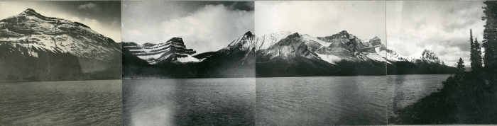 Black and white composite photo of mountains near Jasper, Alberta. It is four separate photos overlapping each other to create the range.