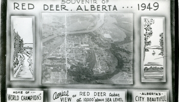Black and white postcard with an aerial of Red Deer and two pieces of artwork from Red Deer, 1948