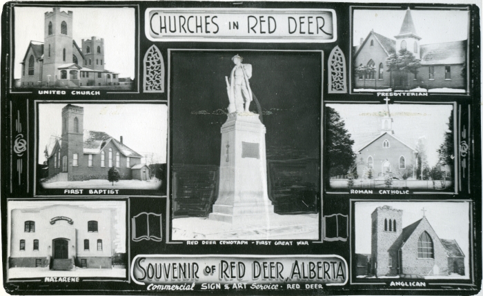Black and white composite postcard including exteriors of churches in Red Deer, made in the 1950s