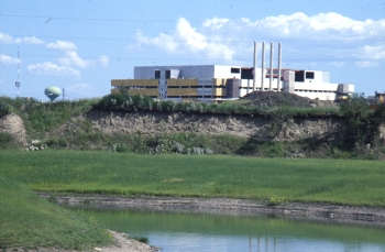 Coloured photo of the Red Deer General Hospital, taken from Bower Ponds