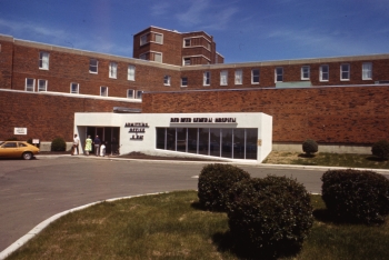 Coloured photo of the main entrance of the Red Deer General Hospital