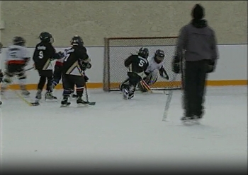 Screenshot of news clip featuring children playing hockey on an outdoor ice rink in Red Deer