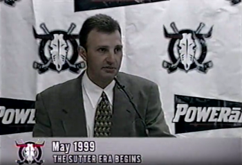 Screenshot of an interview with Coach Sutter in May 1999 with a Red Deer Rebels background.