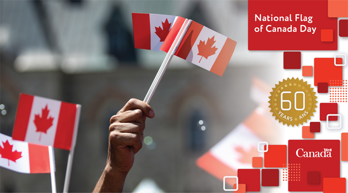 A person waving a Canadian flag on National Flag of Canada Day