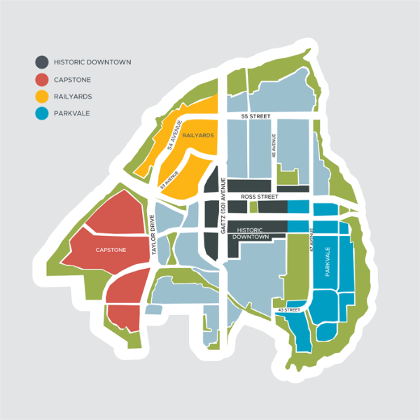 A colourful map of the four neighbourhoods in Greater Downtown Red Deer