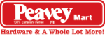 Peavey Mart logo: white letters on red background
