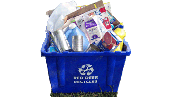 A blue box filled with recyclables