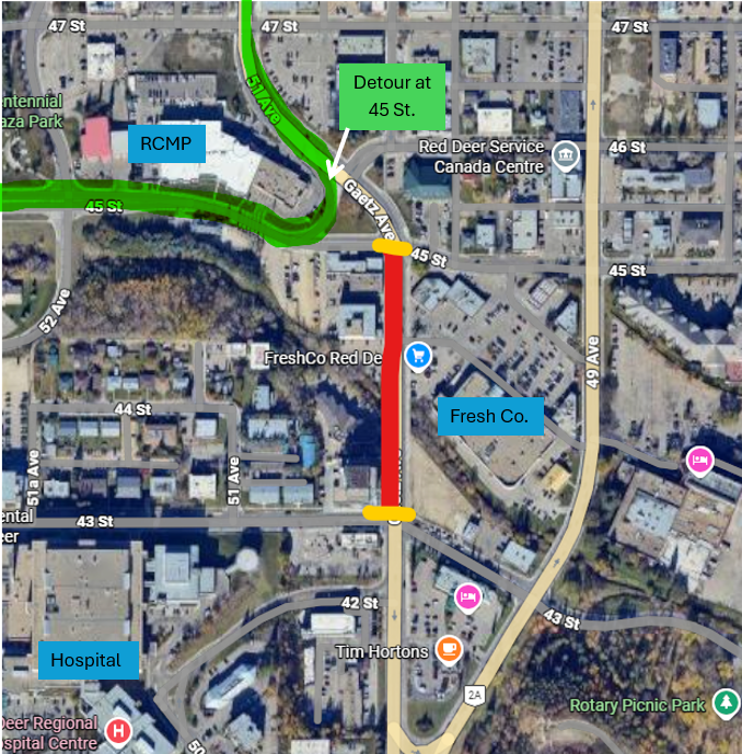 map of construction detour for Gaetz Ave & Waskasoo