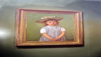 Painted mural of a painting of a little girl in a straw hat and blue dress.